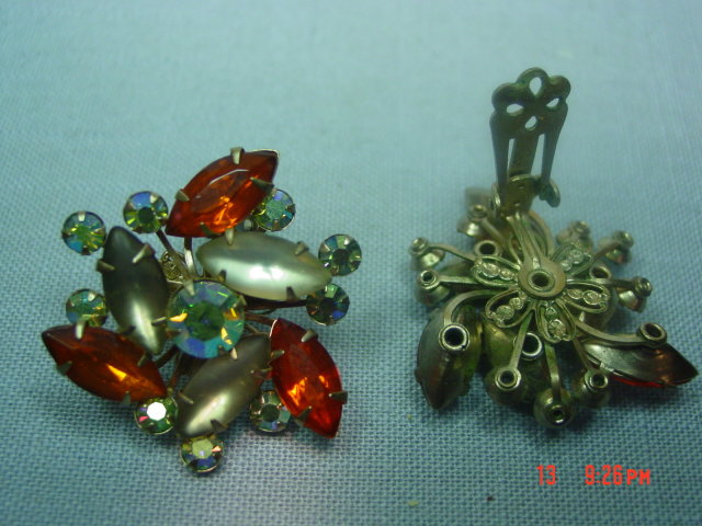 Orange, Opaque and AB Rhinestone Clip Earrings