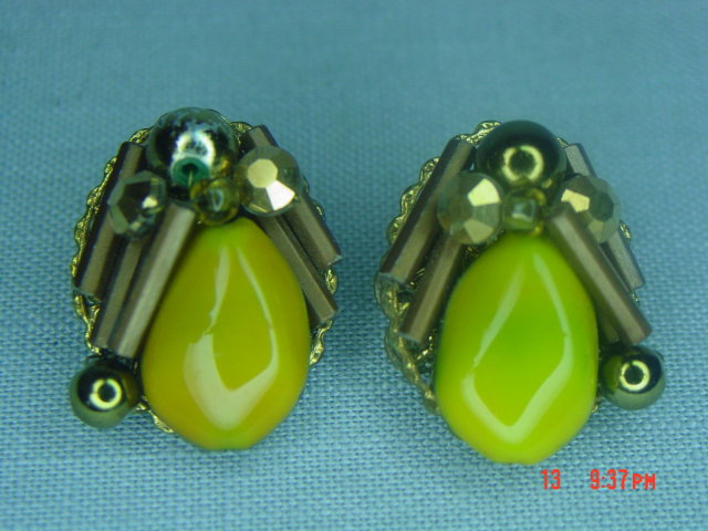 Yellow Art Glass & Gold Bead Clip Earrings
