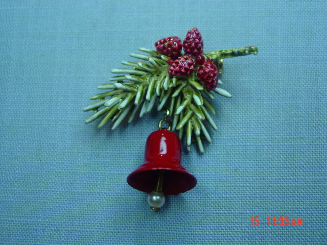 Vintage ART Pine Branch Pine Cone Bell Pin