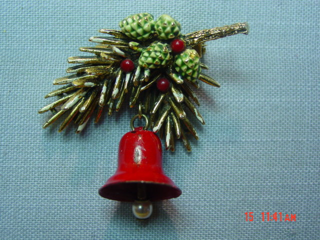 Vintage ART Pine Branch Pine Cone Bell Pin