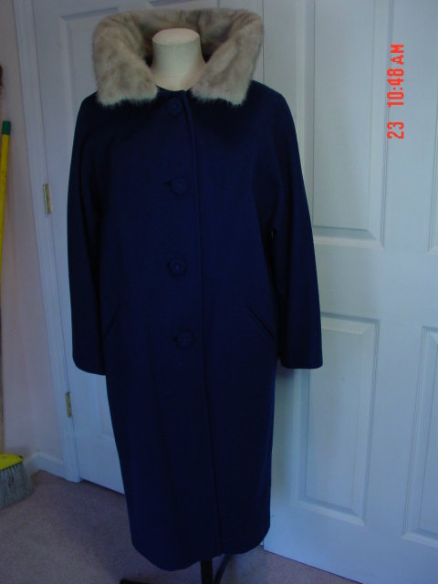 Vintage Fashionbilt Ladies Navy Blue Wool Coat with Silver Mink Collar