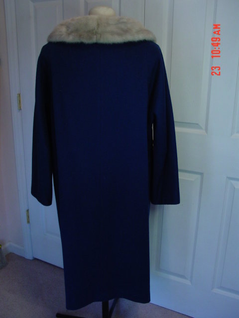 Vintage Fashionbilt Ladies Navy Blue Wool Coat with Silver Mink Collar