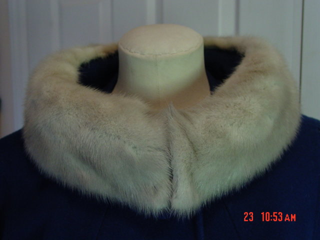 Vintage Fashionbilt Ladies Navy Blue Wool Coat with Silver Mink Collar