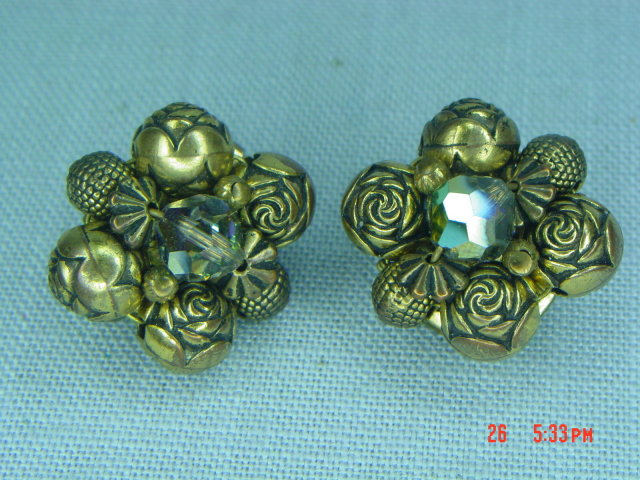 Brass Flower Bead Clip Earrings