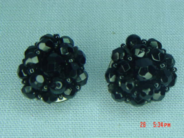 Black Glass Bead Clip Earrings