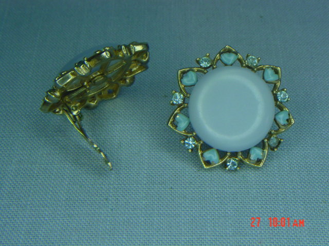 Baby Blue Thermoset & Rhinestone Clip Earrings