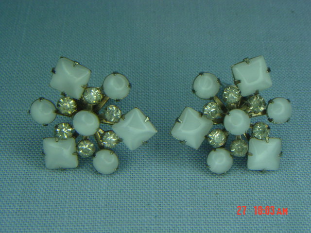 Opaque White & Clear Rhinestone Snowflake Clip Earrings