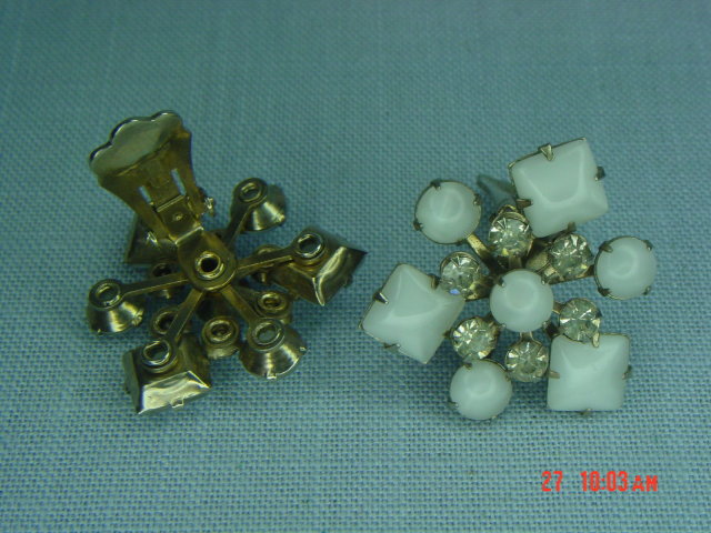 Opaque White & Clear Rhinestone Snowflake Clip Earrings