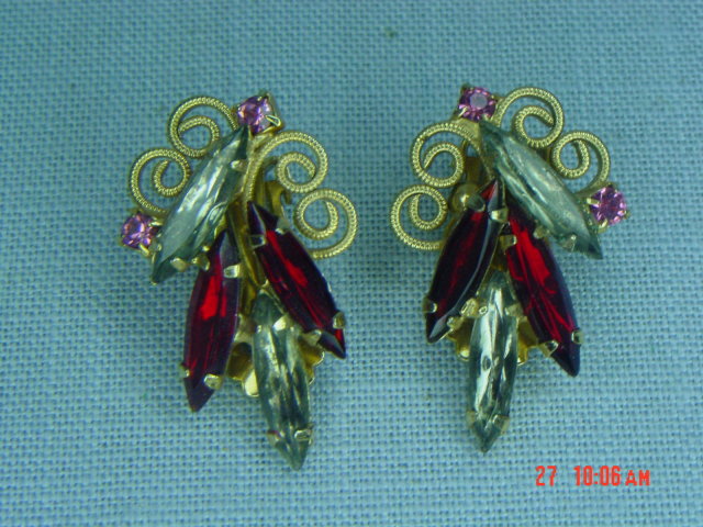 Ruby Red & Smoky Clear Rhinestone Clip Earrings