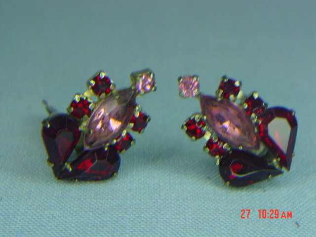 Ruby Red & Pink Rhinestone Clip Earrings