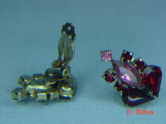 Ruby Red & Pink Rhinestone Clip Earrings