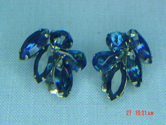Dark Blue Rhinestone Clip Earrings