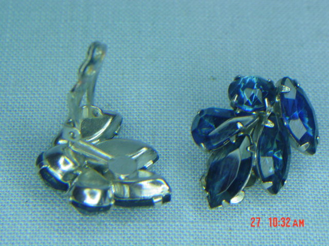 Dark Blue Rhinestone Clip Earrings