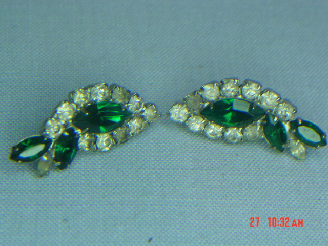 Green & Clear Rhinestone Clip Earrings
