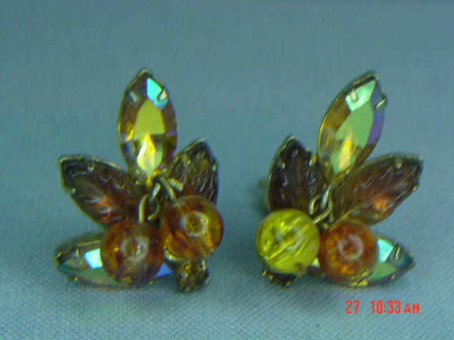 Autumn Colored Leaf Rhinestone Clip Earrings