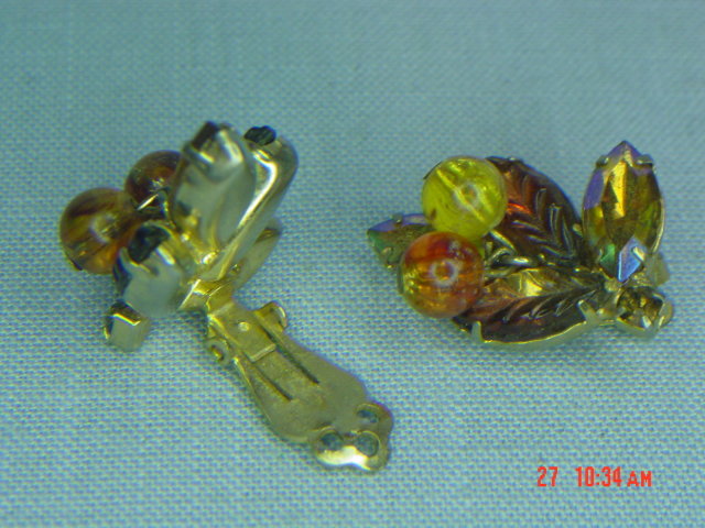 Autumn Colored Leaf Rhinestone Clip Earrings
