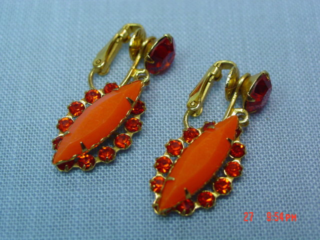 Orange Rhinestone Clip Earrings