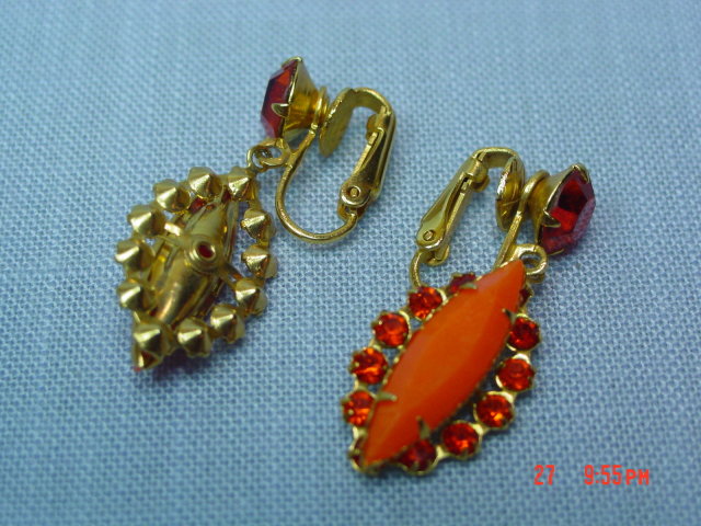 Orange Rhinestone Clip Earrings