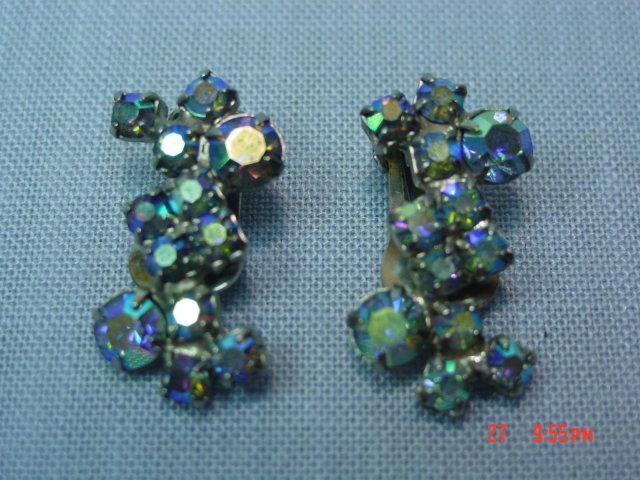Aurora Borealis Rhinestone Clip Earrings