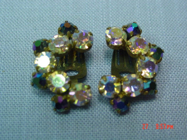 Aurora Borealis Rhinestone Clip Earrings