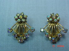 Aurora Borealis Rhinestone Fan Shaped Clip Earrings