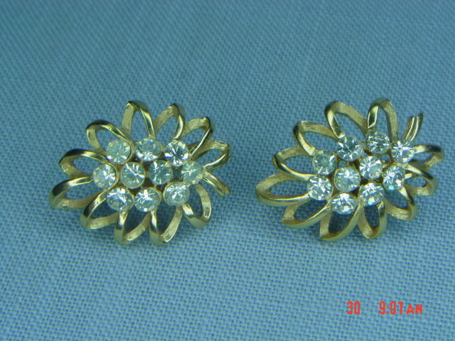 Goldtone Rhinestone Clip Earrings Signed Trifari