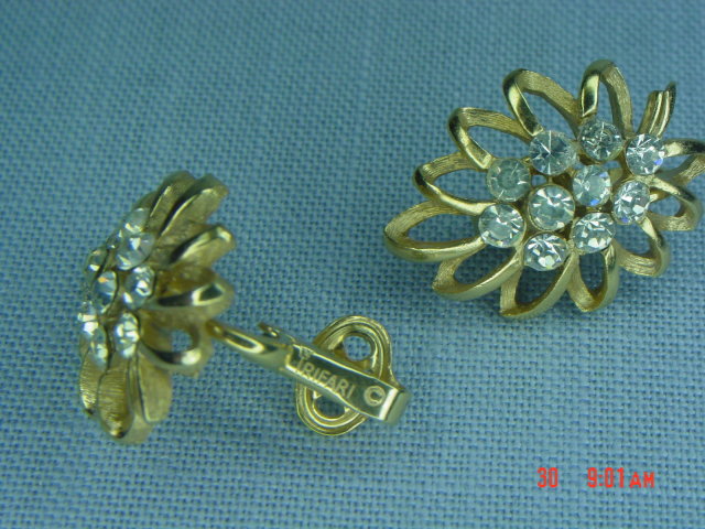 Goldtone Rhinestone Clip Earrings Signed Trifari