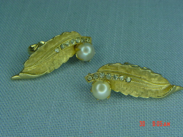 Goldtone Leaf Real Pearl & Rhinestone Clip Earrings