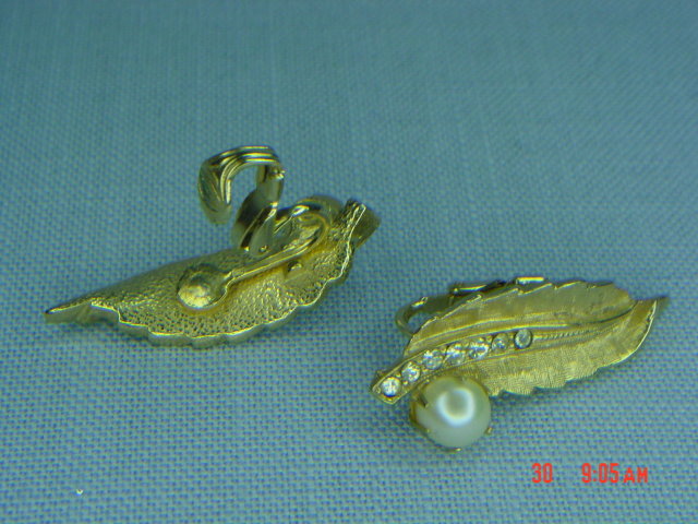 Goldtone Leaf Real Pearl & Rhinestone Clip Earrings