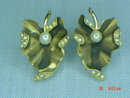 Antique Brass Leaf Clip Earrings With Faux Pearl & Rhinestones Signed ART