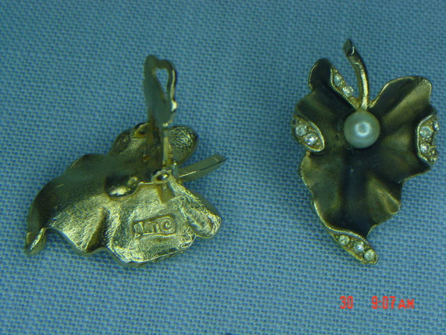 ART Antique Brass Leaf Clip Earrings With Faux Pearl & Rhinestones Signed ART