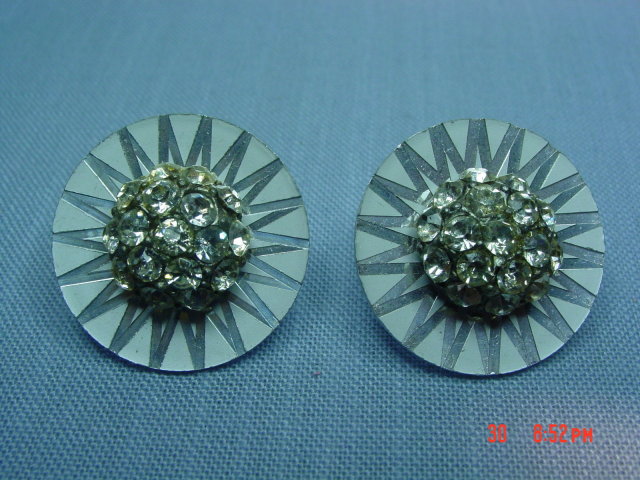 Germany Silver Disc Rhinestone Clip Earrings