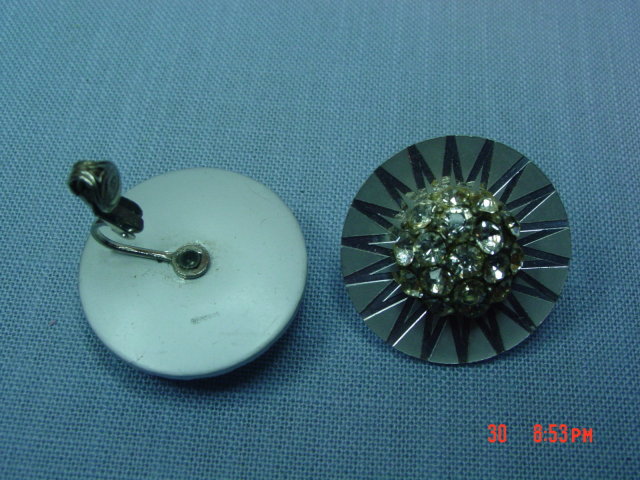 Germany Silver Disc Rhinestone Clip Earrings