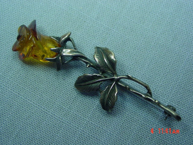 Baltic Amber Sterling Silver Rose Pin