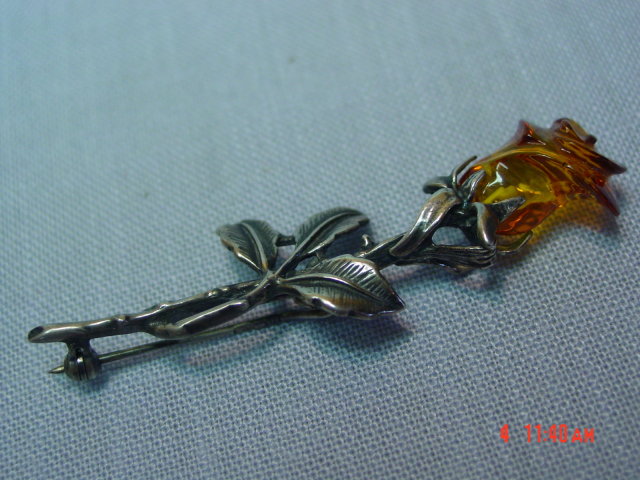 Baltic Amber Sterling Silver Rose Pin