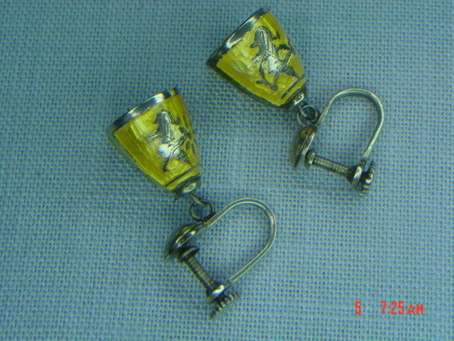 Sterling Silver Siam Niello Yellow Enamel Bell Screwback Earrings