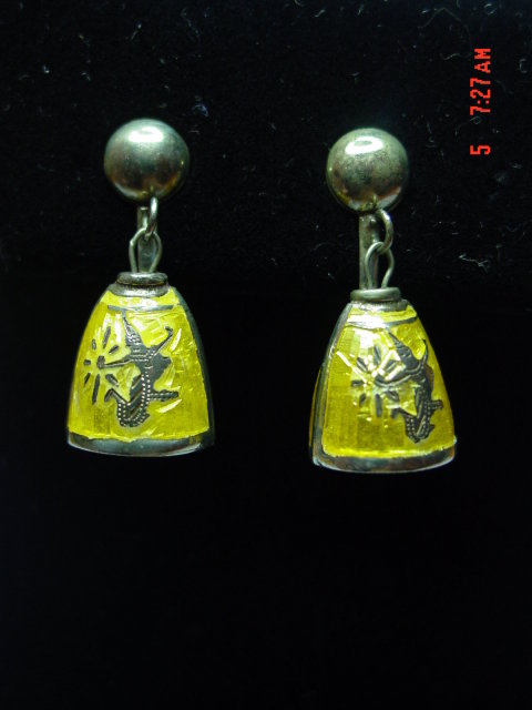 Sterling Silver Siam Niello Yellow Enamel Bell Screwback Earrings