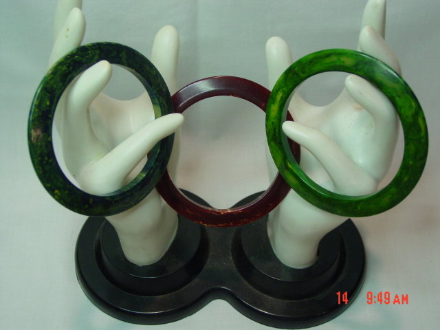 Set of 3 Vintage Green & Brown Marble Bakelite Bangle Bracelets