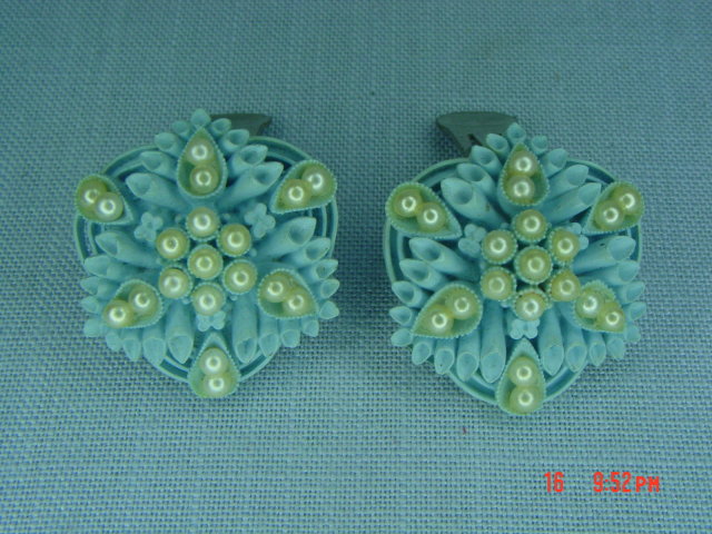 Vintage Baby Blue Carved Celluloid Clip Earrings