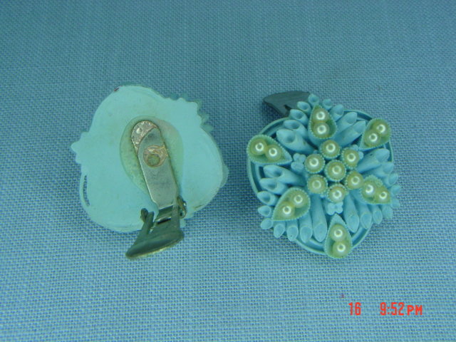 Vintage Baby Blue Carved Celluloid Clip Earrings