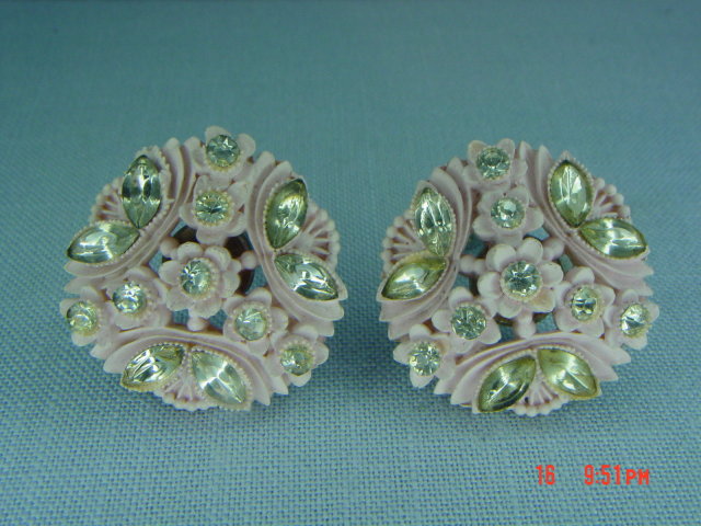 Vintage Pink Carved Celluloid Clip Earrings
