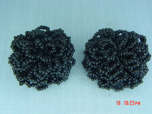 Black Glass Seed Bead Clip Earrings