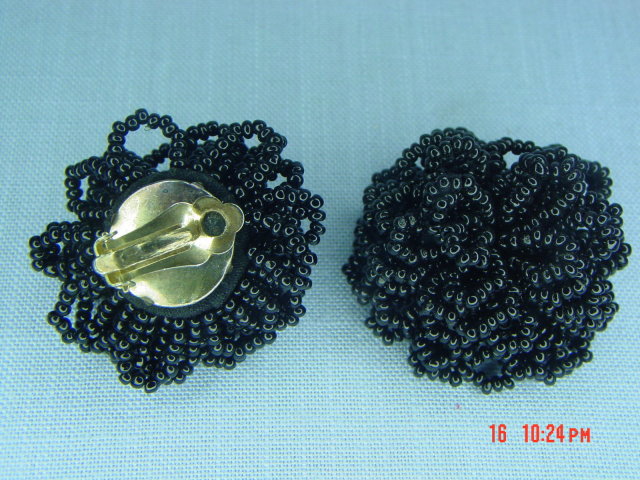 Black Glass Seed Bead Clip Earrings