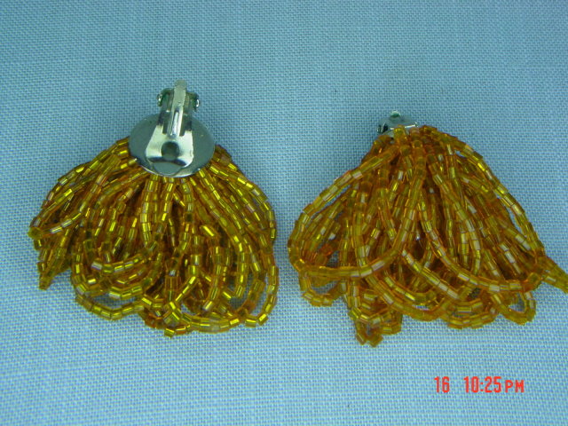 Orange Tubular Glass Seed Bead Clip Earrings