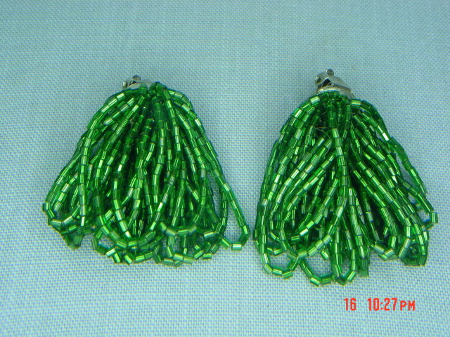 Green Tubular Glass Seed Bead Clip Earrings