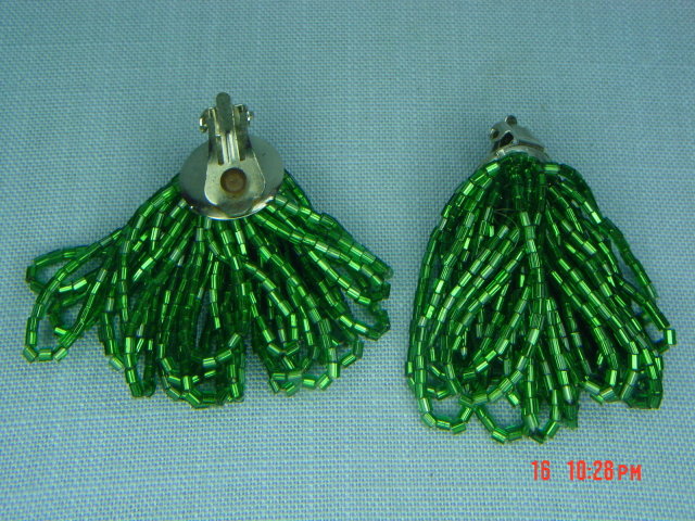 Green Tubular Glass Seed Bead Clip Earrings