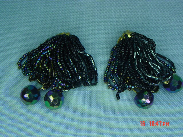 Black, Bronze & AB Glass Seed Bead Clip Earrings