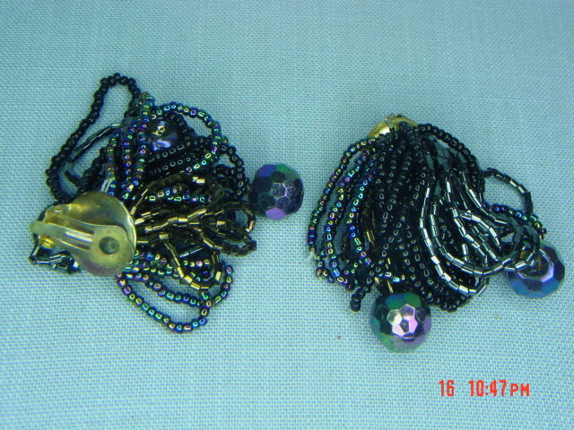 Black, Bronze & AB Glass Seed Bead Clip Earrings