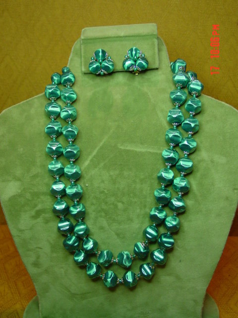 Vintage Japan Green Bead Two Strand Necklace & Clip Earrings