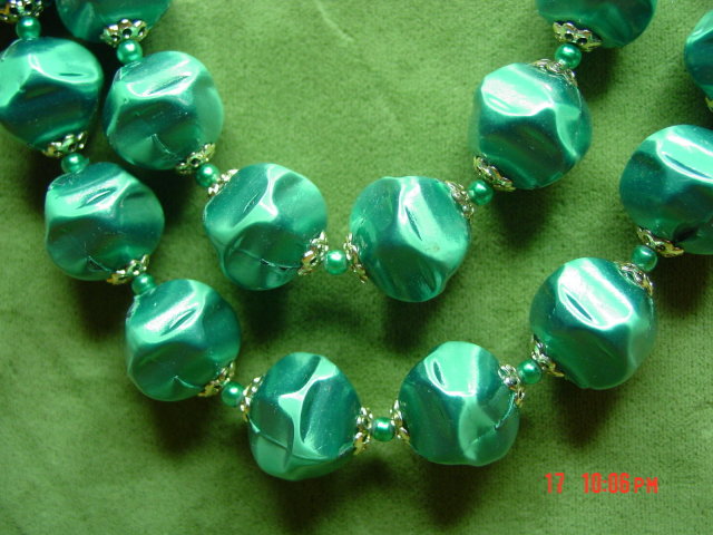 Vintage Japan Green Bead Two Strand Necklace & Clip Earrings
